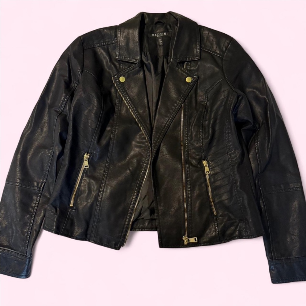 Baccini Black Faux Leather Jacket with Gold Accents